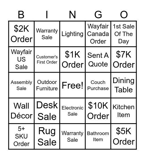 Wayfair Sales Bingo Card