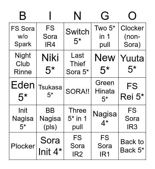 FS Sora!! Bingo Card