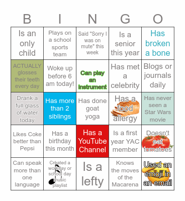 Hillsboro YAC BINGO Card