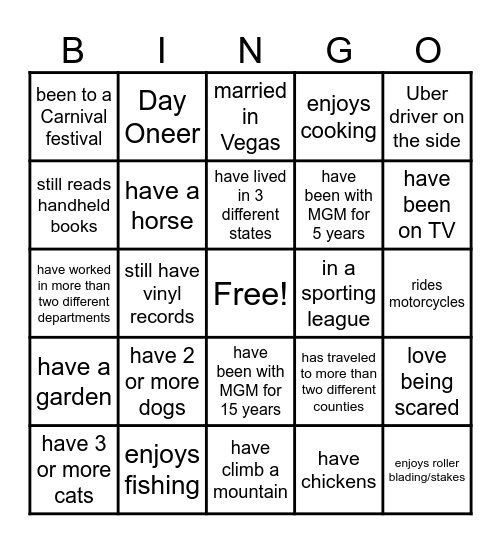 Getting To Know You Bingo Card