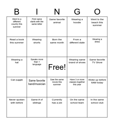 Back to School Bingo Card