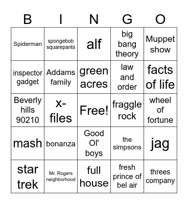 tv show theme songs (roads) 26 songs Bingo Card