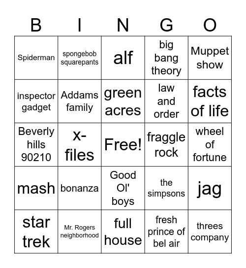 tv show theme songs (roads) 26 songs Bingo Card