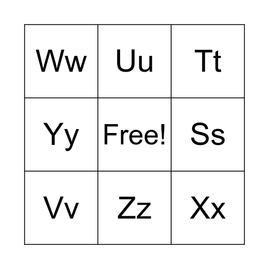 Ss-Zz  Bingo Card