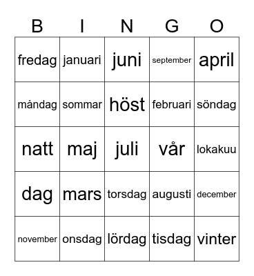 Vuodenajat, kuukaudet ja päivät Bingo Card