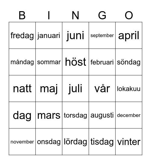 Vuodenajat, kuukaudet ja päivät Bingo Card