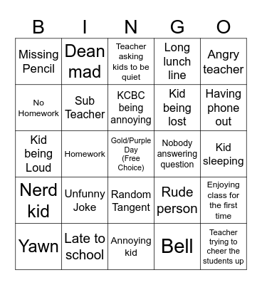 School Bingo Card