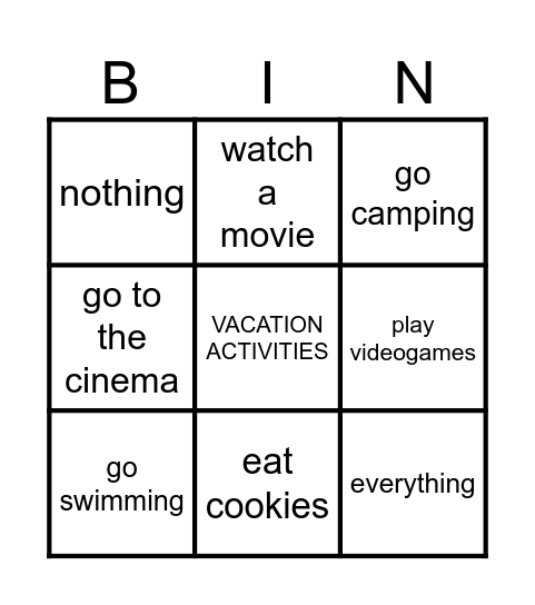 VACATION ACTIVITIES Bingo Card