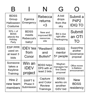 BDSS Fall/Winter Bingo! Bingo Card