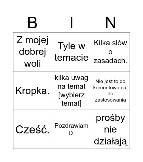 bingo z Darkiem Bingo Card