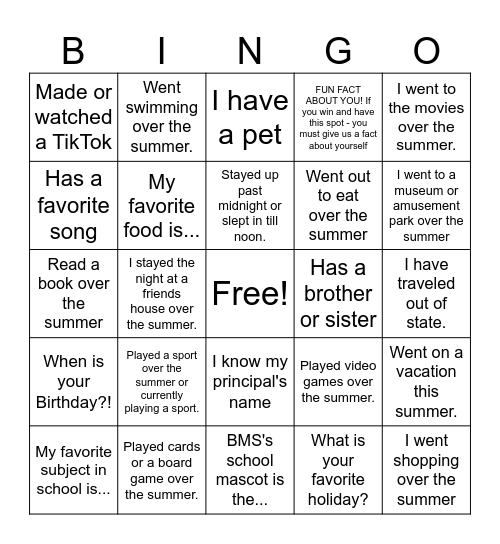 Get to Know Me BINGO Card