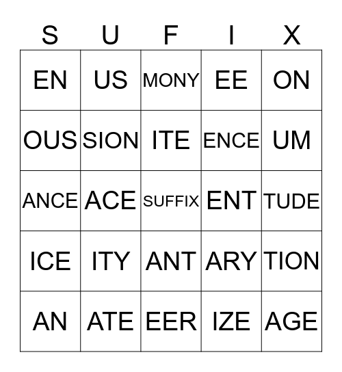 SUFFIX BINGO Card