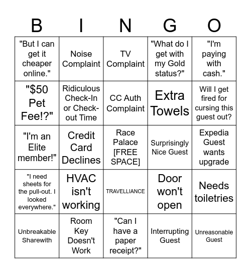 Front Desk Bingo Card