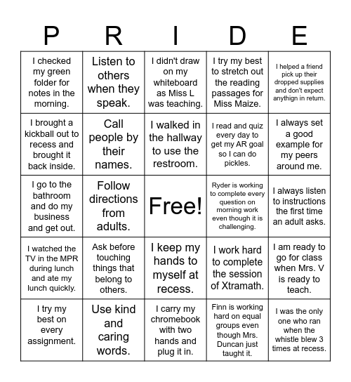 PRIDE BINGO Card