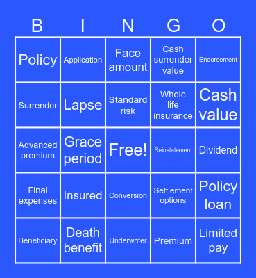 Life Insurance Bingo Card