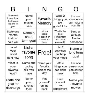 Mental Health Bingo Card