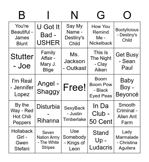 2000s Hits Bingo Card