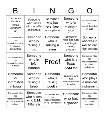 FFA Back to School Bingo Card