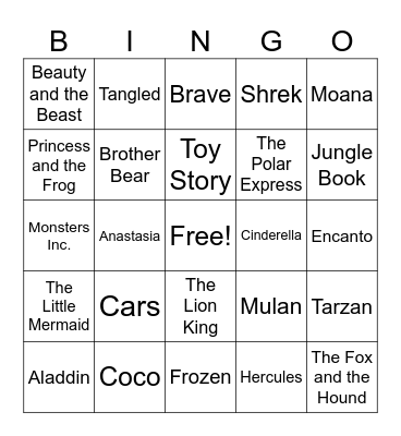 Disney/Animated Movies Bingo Card