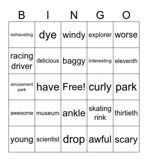 Vocabulary Senior 2 Bingo Card