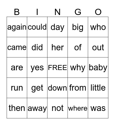 Sight Words Bingo Card