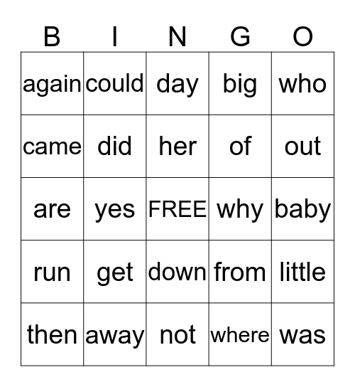 Sight Words Bingo Card