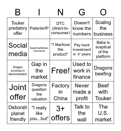 Dragon's Den Bingo Card