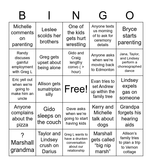 Wedding Disasters Bingo Card