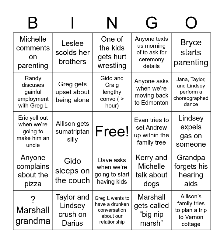 Wedding Disasters Bingo Card