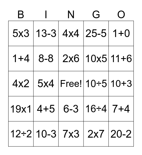 Math BINGO Card