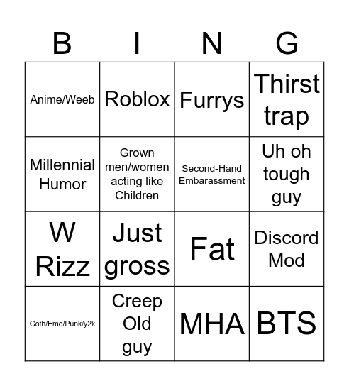 Cringe Comp Bingo Card