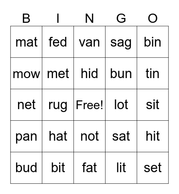 vowel sounds Bingo Card