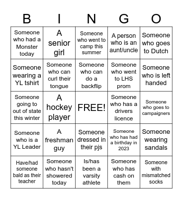Young Life BINGO Card