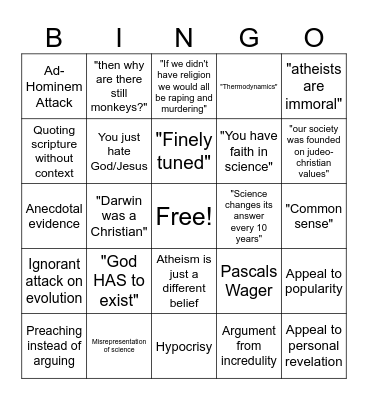 Shitty Theist Bingo Card