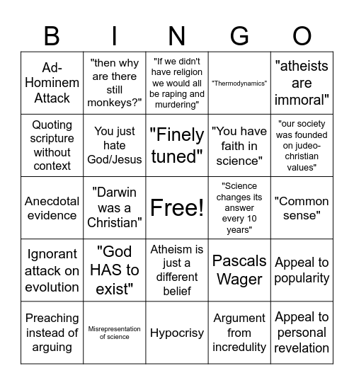 Shitty Theist Bingo Card