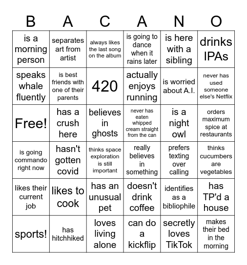 Camp Bacano Bingo Card