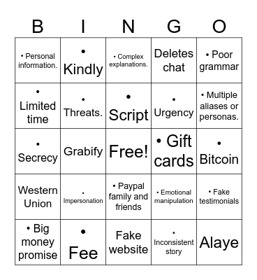 Scambaiting bingo Card