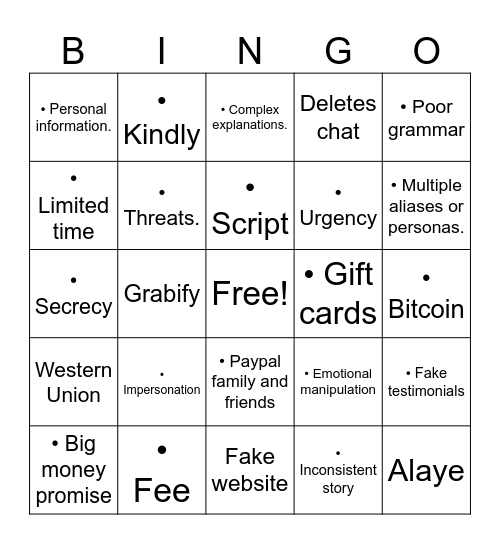 Scambaiting bingo Card