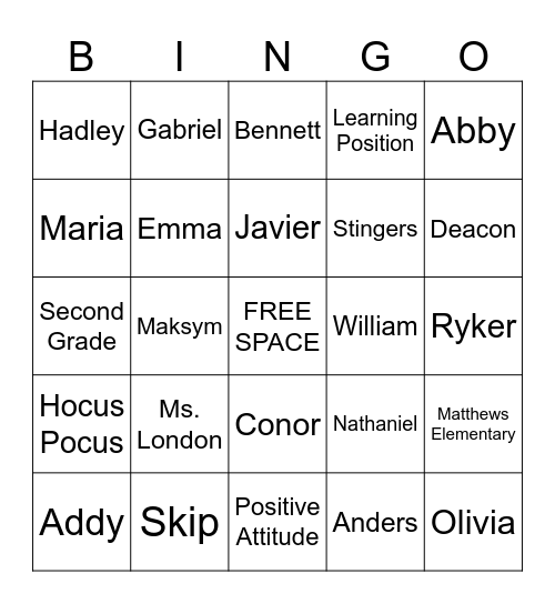 Our Class Bingo Card