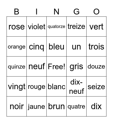 les couleurs et les numeros Bingo Card