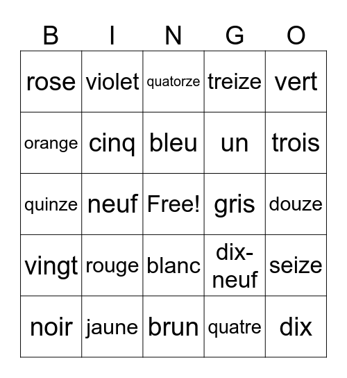 les couleurs et les numeros Bingo Card