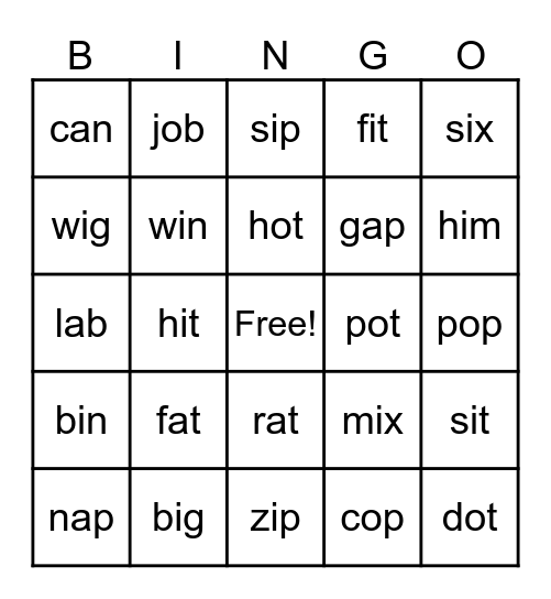Short A, I, O Bingo (lesson 38a) Bingo Card