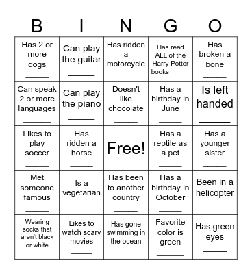 Human Scavenger Hunt Bingo Card