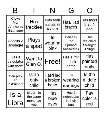 Classmate Bingo Card