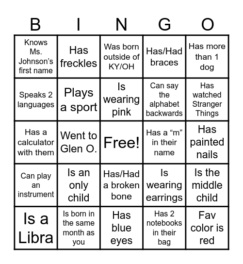 Classmate Bingo Card