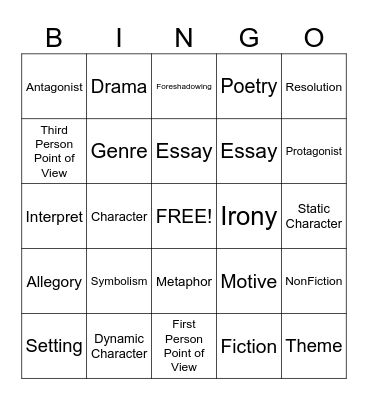 English Literature Vocabulary Bingo Card