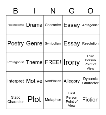 English Literature Vocabulary Bingo Card