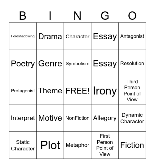 English Literature Vocabulary Bingo Card