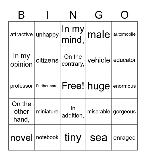 M3 Synonym Bingo Card