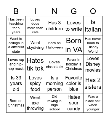 Teacher Bingo Card